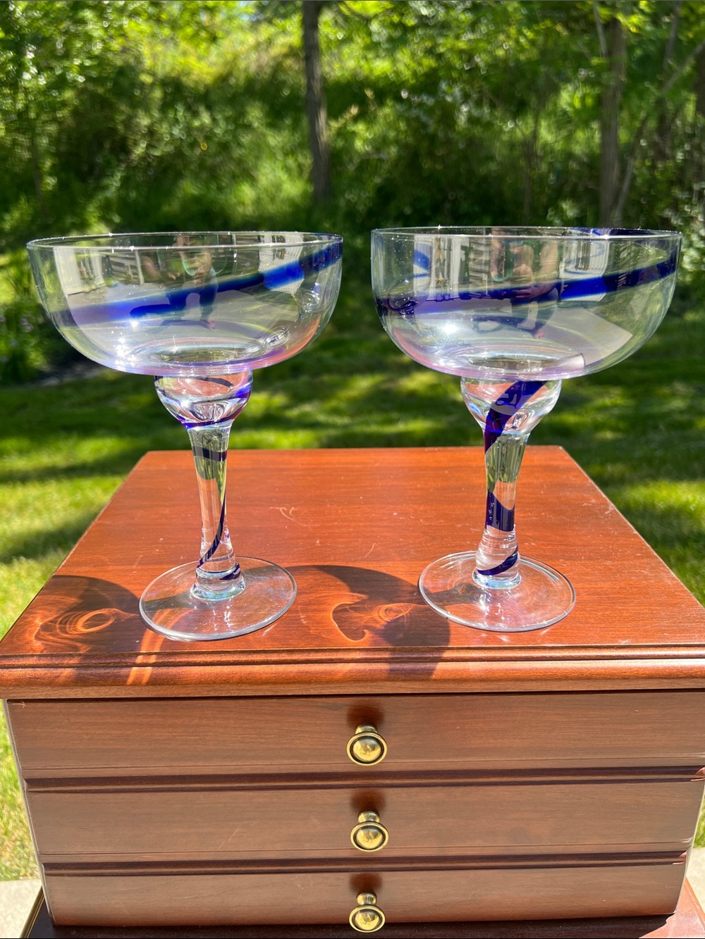 Vintage Pier 1 Blue Swirl Margarita Glasses Set of 2 Contemporary Art Glass